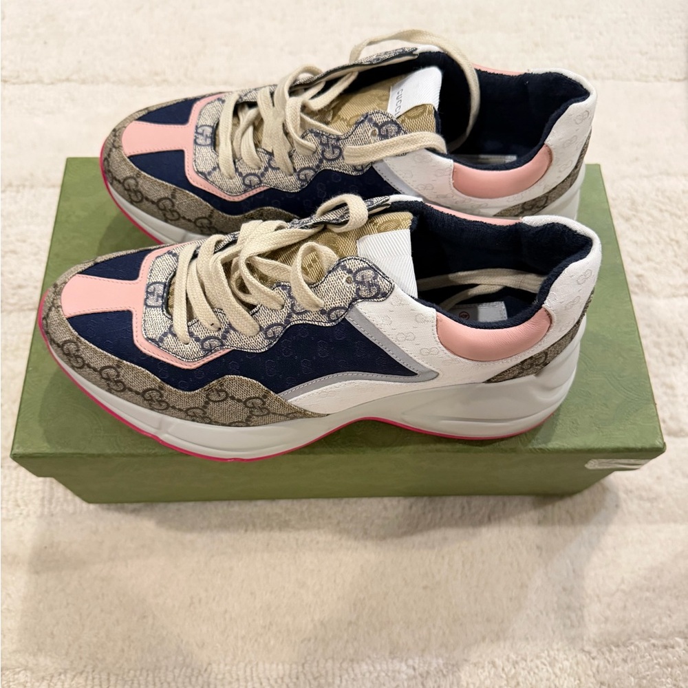 Gucci Navy Pink White Rython Chunky Sneakers size 40.5